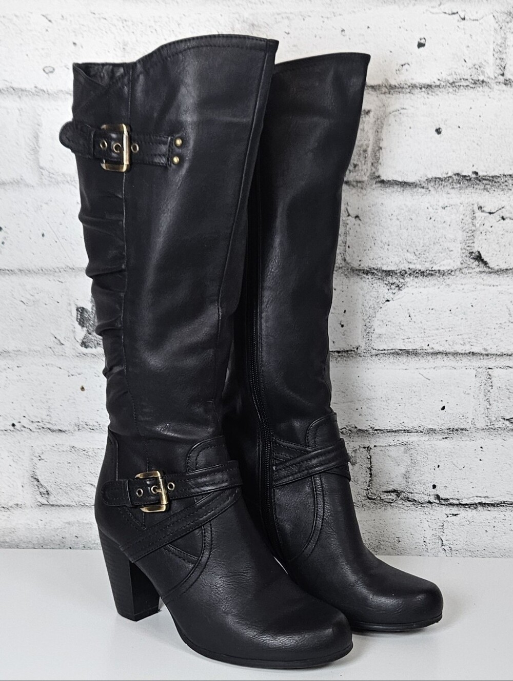 Black Tall Knee High Buckle Boots Size 8 Block Heel Side Zip